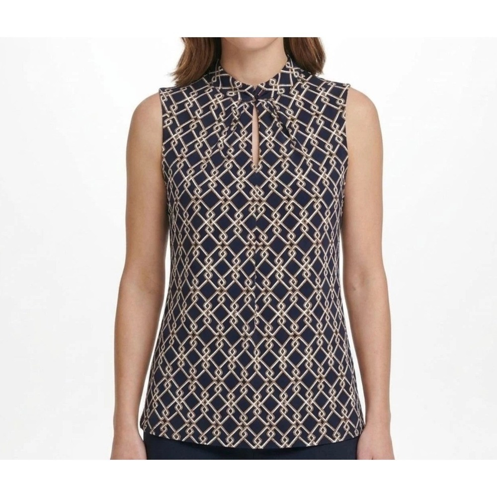 Tommy Hilfiger Sleeveless Blouse | Navy & White Geometric Print | Size Small